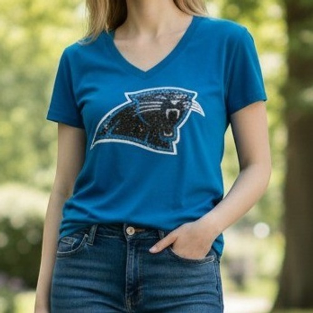 PINK Victoria's Secret NFL Carolina Panthers Sequin V-Neck T-Shirt Blue Small